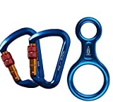 ayamaya 30KN Screwgate Locking Climbing Carabiners 2 Pack & Figure 8 Descender,Outdoor D-Ring Hook Rappel Device for Rappelling Belaying Rock Climbing (Blue(2pcs Carabiner + 1pcs Descender))