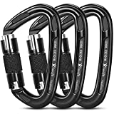 Favofit UIAA Certified Climbing Carabiners, 3 Pack, 25KN (5620 lbs) Heavy Duty Large Locking Carabiner Clips for Rock/Ice Climbing Rappelling Rescue Swing etc, Black